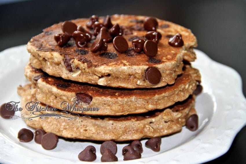 Protein Packed Chocolate Chip Oatmeal Cookie Pancakes with Chocolate Cream Syrup3