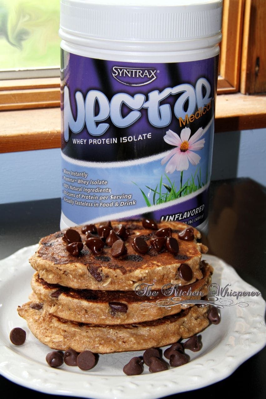 Protein Packed Chocolate Chip Oatmeal Cookie Pancakes with Chocolate Cream Syrup4