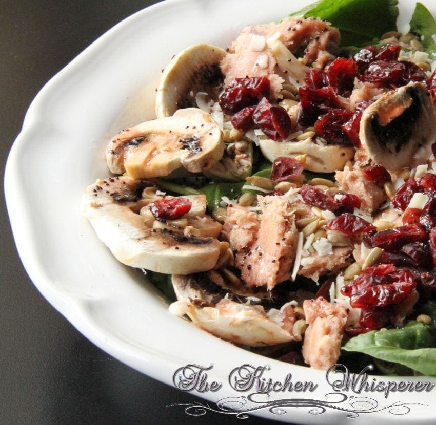 Pin to save this Spinach Albacore Salad with Raspberry Vinaigrette recipe