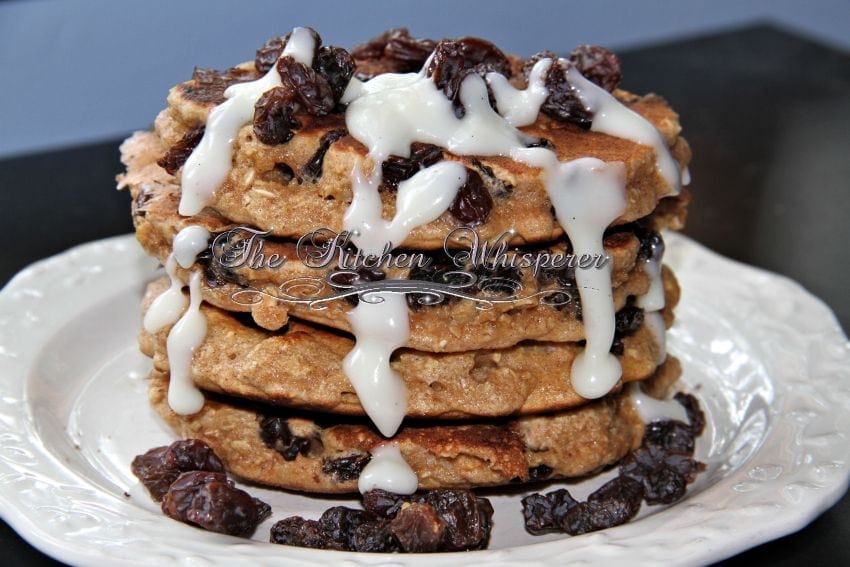 Protein Packed Oatmeal Raisin Cookie Pancakes with Cream Cheese Syrup7