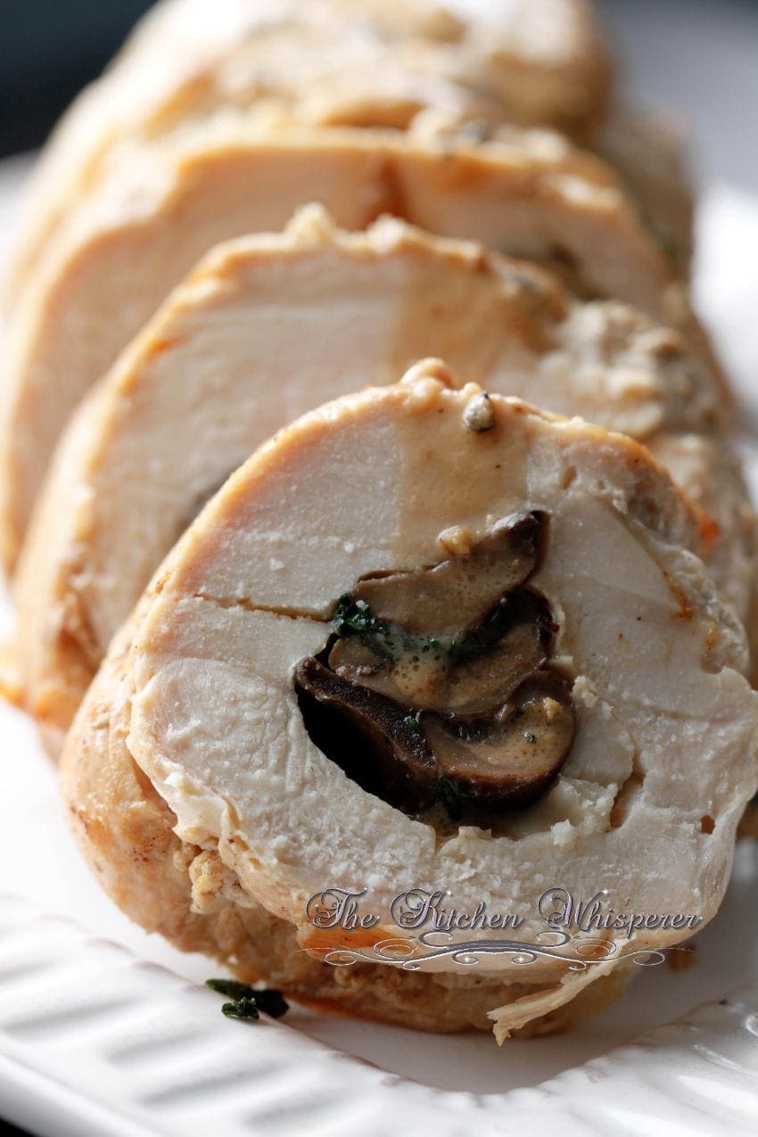 Chicken Roulade Stuffed with Mushroom Wilted Arugula and Shallots