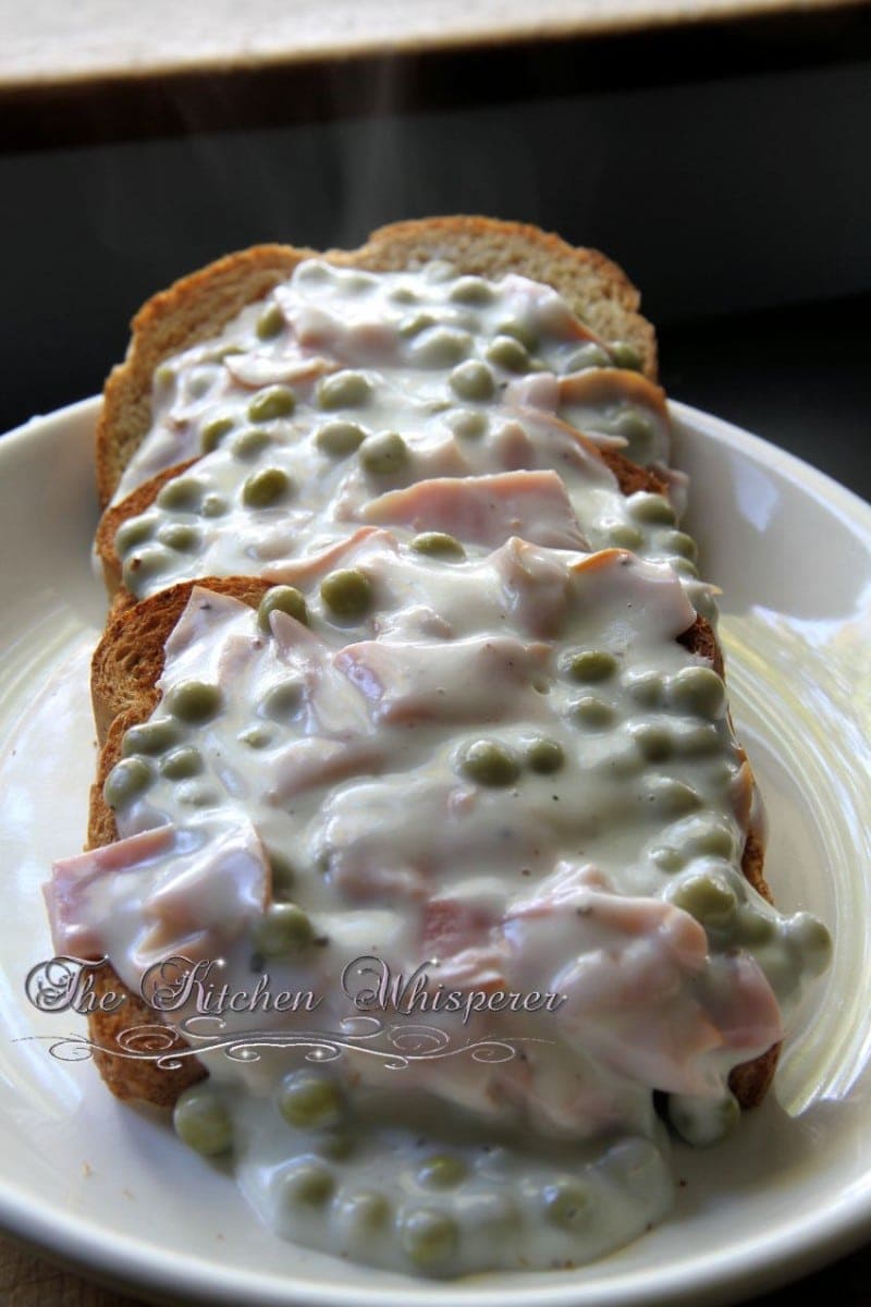 Shaved Ham in a bechamel sauce on toast with peas - pure comfort food!
