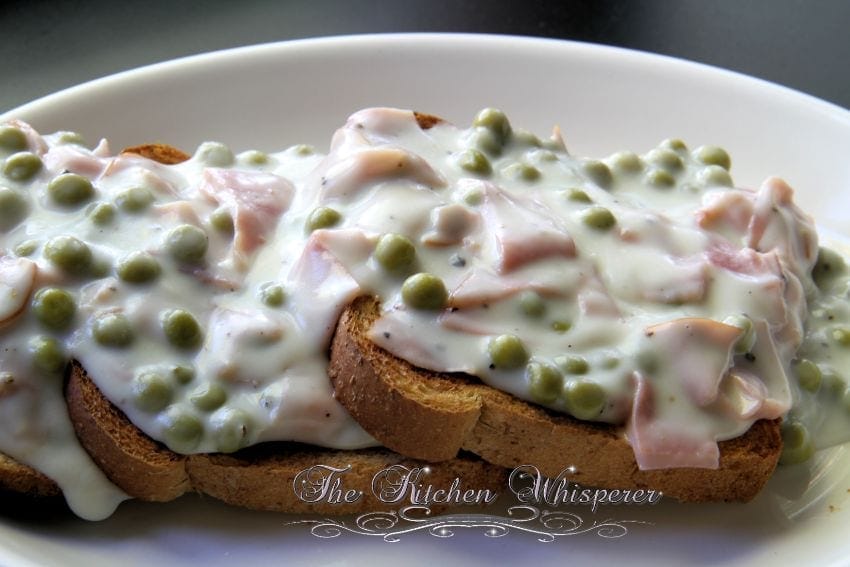 Shaved Ham in a bechamel sauce on toast with peas - pure comfort food!
