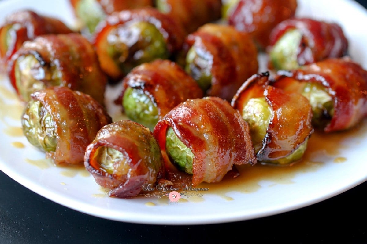 Candied Bacon Wrapped Brussels Maple Dijon