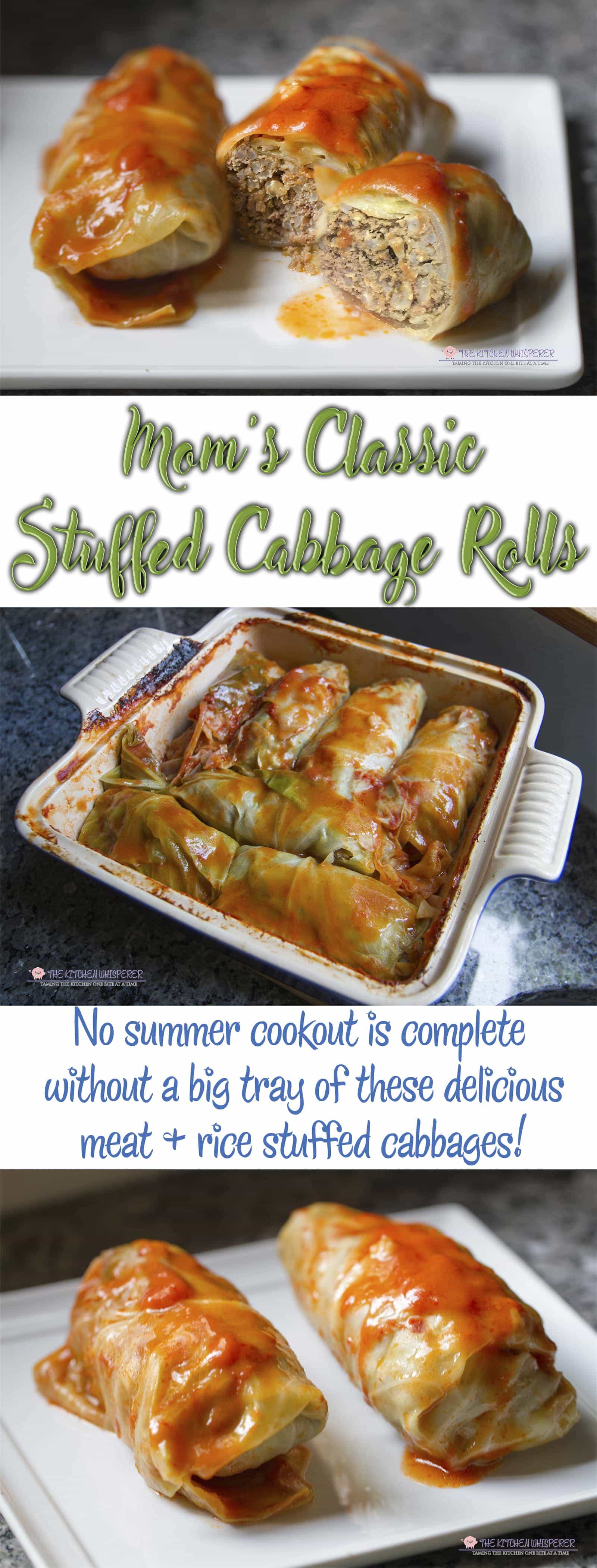 No summer cookout is complete without a tray of stuffed cabbages! Tender cabbage leaves stuffed with rice, seasoned ground meats and a rich tomato sauce make this the perfect summer comfort food. Plus these freeze beautifully! homemade stuffed cabbage, best cabbage rolls, beef and cabbage rolls, halupki, pigs in a blanket, #stuffedcabbage #pigsinablanket