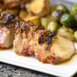 Sheet Pan Applewood Bacon Top Pork Tenderloin, Herbed Potatoes and Brussels Sprouts