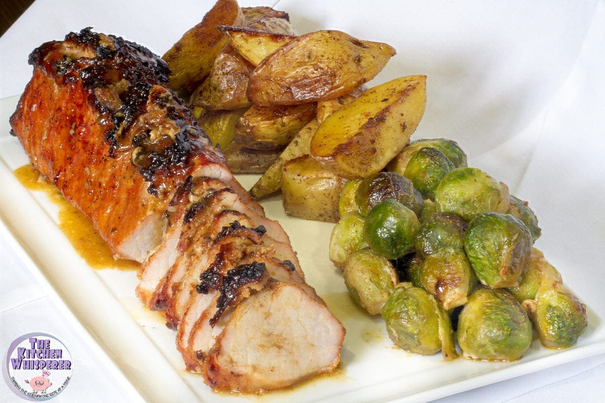 Sheet Pan Applewood Bacon Top Pork Tenderloin, Herbed Potatoes and Brussels Sprouts