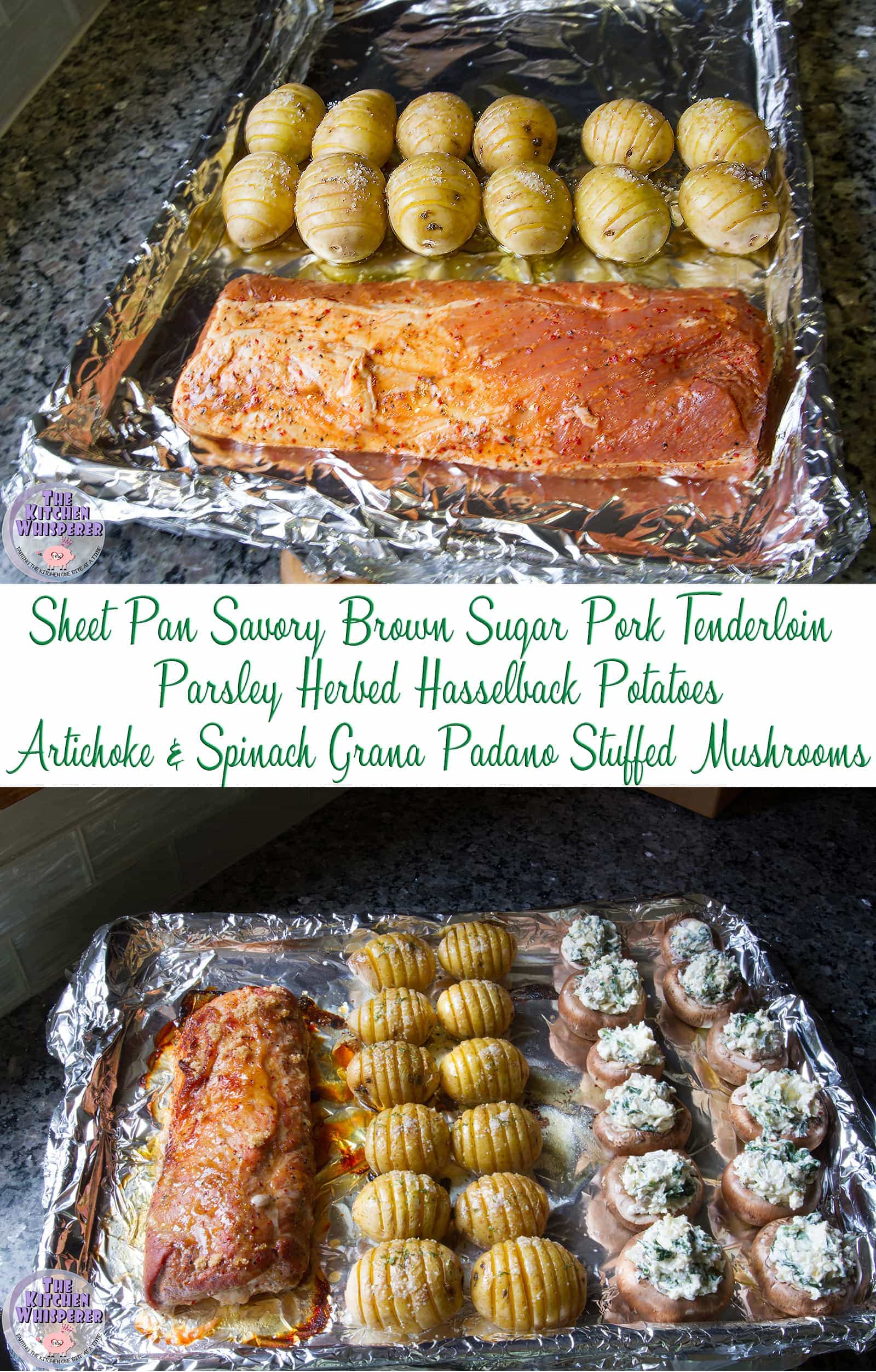 Sheet Pan Savory Brown Sugar Pork Tenderloin with Hasselback Potatoes and Stuffed Mushrooms