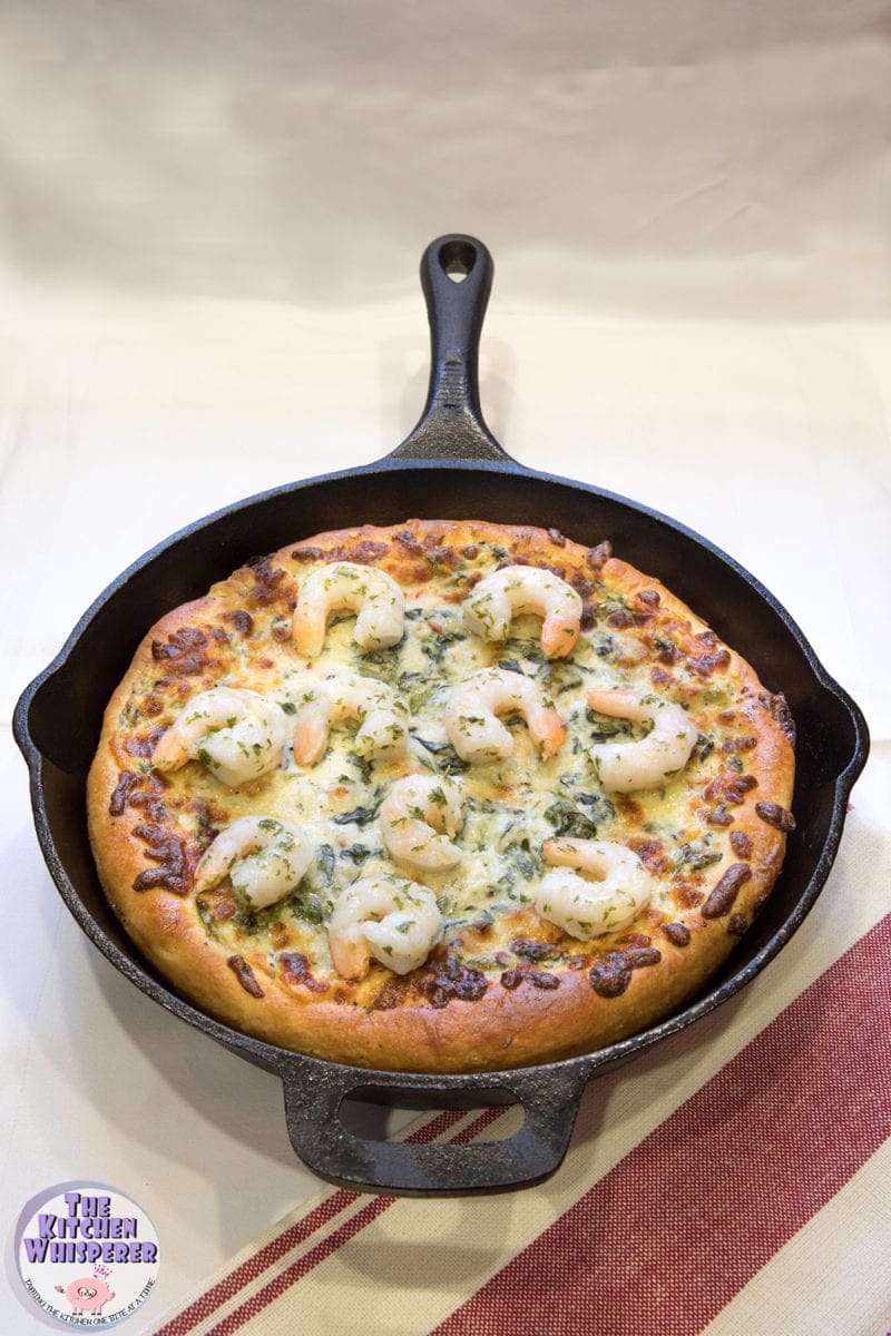 Pin to save this Spinach & Artichoke Crispy Skillet Pan Pizza with optional Garlic Butter Herb Shrimp recipe 