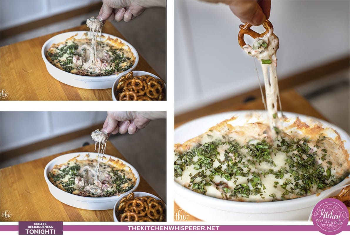Perfect Autumn weather food! Skillet baked Cheesy Tomato Basil Caprese dip