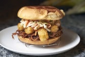 Pulled POrk, Pittsburgh Slaw and Crispy Tots Sandwich