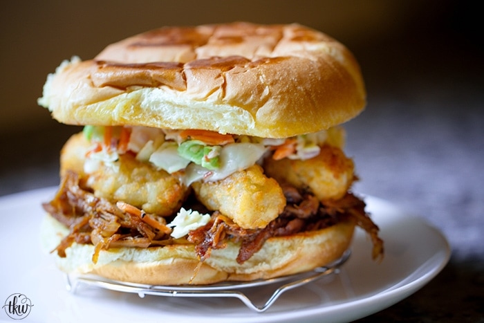 Pulled POrk, Pittsburgh Slaw and Crispy Tots Sandwich