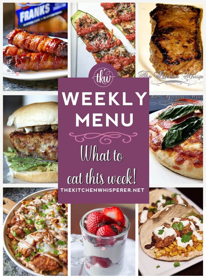 These Weekly Menu recipes allow you to get out of that same ol’ recipe rut and try some delicious and easy dishes! This week I highly recommend making the Creamy Cheesecake Strawberry Parfaits, the Spinach & Feta Stuffed Chicken Sliders and the Bacon Wrapped Cheese stuffed BBQ Hot Dogs! #mealprep #mealprepsunday #mealplan, weekly menu, meal prep, best new york strip steak, chicken sliders, tater tot chicken crack casserole, zucchini boats, what to make for dinner, dinner ideas
