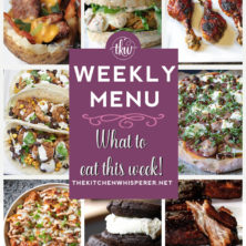 These Weekly Menu recipes allow you to get out of that same ol’ recipe rut and try some delicious and easy dishes! This week I highly recommend making the Bacon Cheeseburger Stuffed Potato Skins, the BBQ Crack Chicken Casserole – Tots, Crispy Bacon, Cheeeeese and BBQ Ranch Sauce!, and the Apple Chicken Sausage Pizza with Goat Cheese, Pecans and Roasted Tomato Sauce!