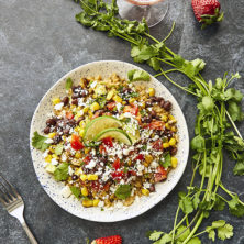 These Mexican Veggie Rice Bowls are flavor-packed with seasoned rice, roasted corn, black beans, garden-fresh salsa fresca, Cotija and a kiss of lime. Perfect for meal prep and light, and healthy lunch!