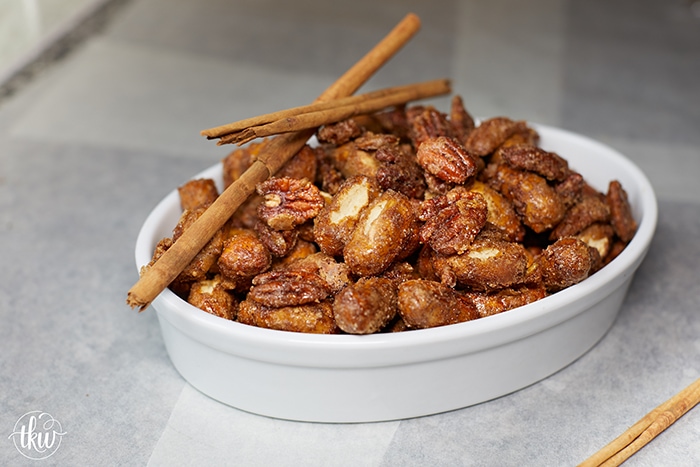 Sweet and flavored with cinnamon and sugar, these candied pecans & pretzel bites are an addicting snack that’s perfect for a crowd.