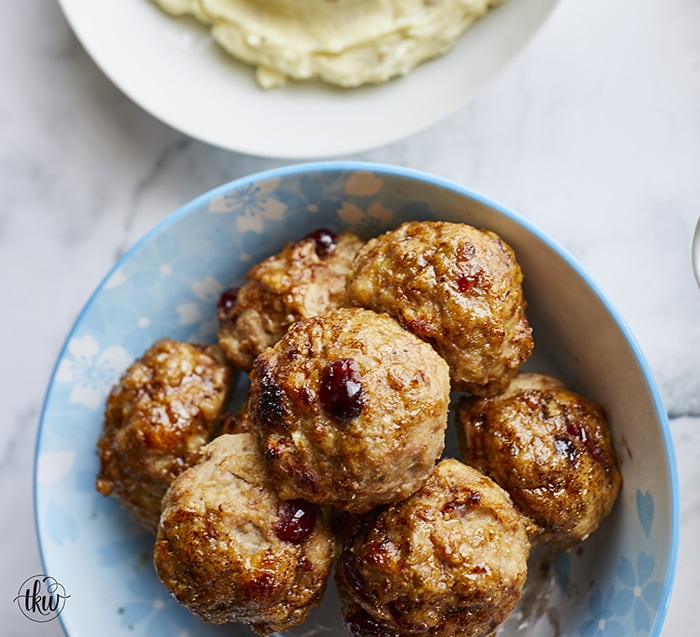 If you love Thanksgiving and all of the great flavors of it, then you will LOVE these Thanksgiving Gobbler Turkey Meatballs! Ground turkey blended with stuffing seasonings, milk bread, sauteed onions, and celery plus cranberry relish! It's like turkey and stuffing as a meatball!