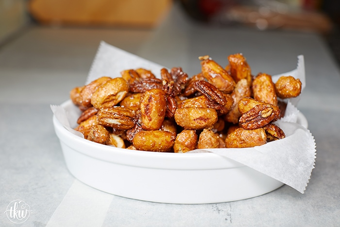 Sriracha Honey Butter Candied Pecans and Pretzels