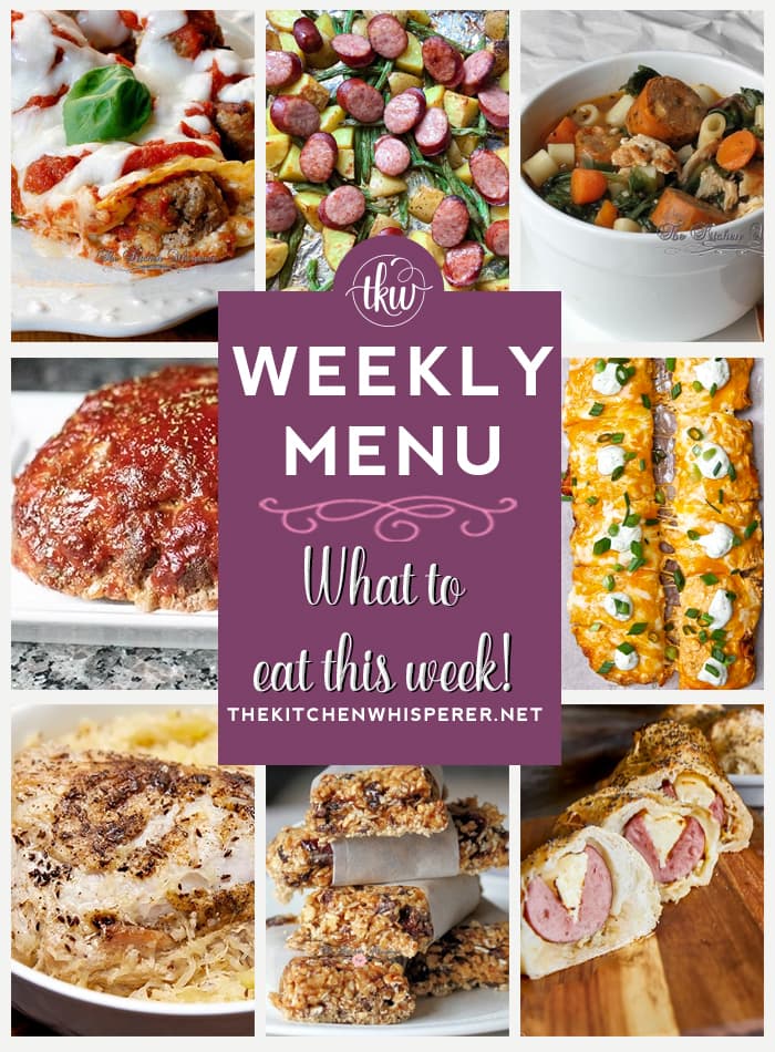 These Weekly Menu recipes allow you to get out of that same ol’ recipe rut and try some delicious and easy dishes! This week I highly recommend making Best Ever Pork Roast and Sauerkraut, Buffalo Chicken Flatbread Pizza, and Skinny Peanut Butter Protein Granola Bars. weekly menu, vegetarian recipes, pizza, soup, meal planning, pasta, keto, gluten free, burgers, fish, crock pot, slow cooker, breakfast, recipes, instant pot recipes, Best Ever Pork Roast and Sauerkraut