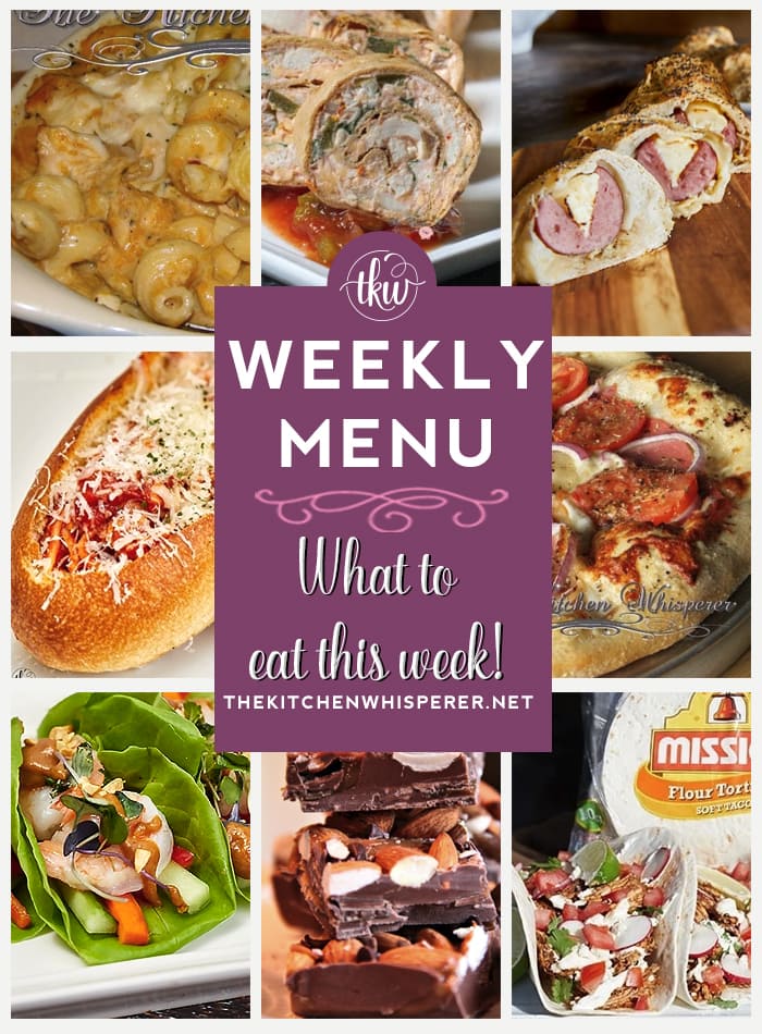 These Weekly Menu recipes allow you to get out of that same ol’ recipe rut and try some delicious and easy dishes! This week I highly recommend making Thai Style Chilled Shrimp Lettuce Cups, Cheesy Stuffed Kielbasa & Sauerkraut Bombs, and Cheesy Garlic Bread Spaghetti Bread Boats. weekly menu, vegetarian recipes, pizza, soup, meal planning, pasta, keto, gluten free, burgers, fish, crock pot, slow cooker, breakfast, recipes, instant pot recipes, christmas recipes, christmas bark