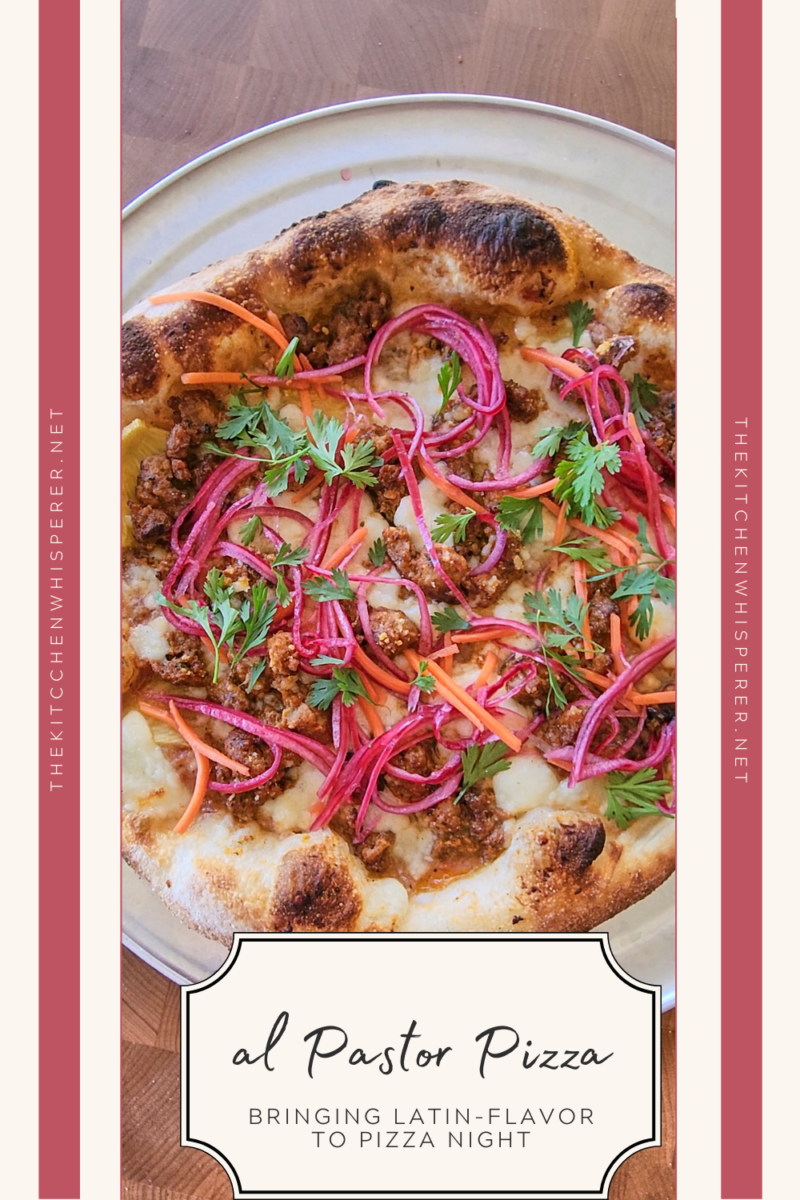 Bringing Latin flavor to pizza night! Char-grilled al Pastor meat on a wood-fired pizza topped with roasted salsa, pineapple, cotija, and pickled red onions. Ultimate Pizza al Pastor with Pineapple Salsa & Pickled Red Onions, pork al pastor pizza, latin-flavored pizza, roasted salsa, wood-fired pizza, pizza at home, grilled al pastor