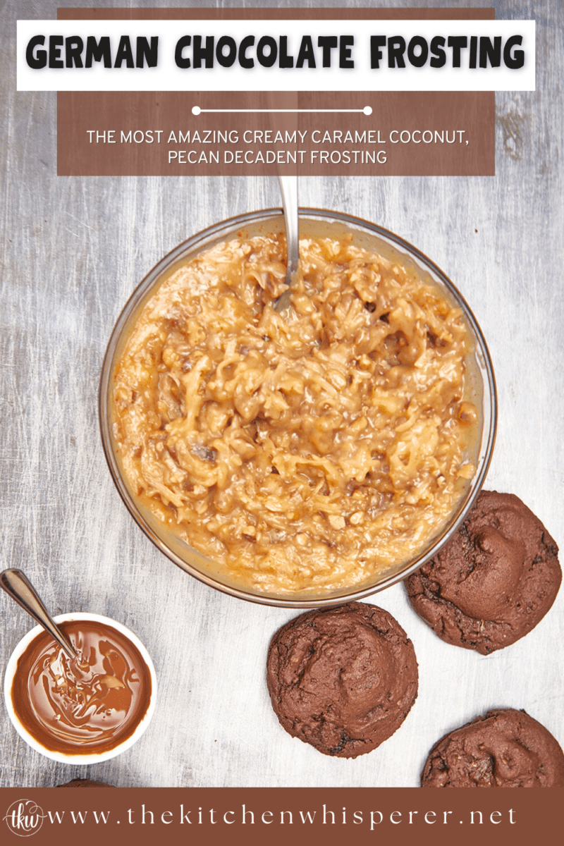 The most amazing creamy caramel coconut, pecan decadent frosting you'll ever taste! The Ultimate German Chocolate Frosting, easy German chocolate frosting, old fashioned german chocolate frosting, caramel pecan coconut frosting, german chocolate frosting with sweetened condensed milk, holiday baking