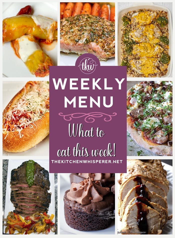 These Weekly Menu recipes allow you to get out of that same ol’ recipe rut and try some delicious and easy dishes! This week I highly recommend making Bourbon Honey Butter Pork Tenderloin, Cheesy Garlic Bread Spaghetti Bread Boats, and Sheet Pan Lemon Dijon Salmon and Veggies. Weekly Menu, Weekly Menu -7 Amazing Dinners Plus Dessert, slow cooker dinner, banana peppers, goat cheese, brownie cups, chocolate mousse