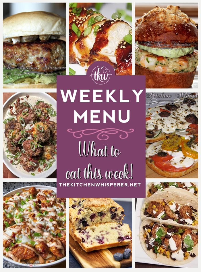 These Weekly Menu recipes allow you to get out of that same ol’ recipe rut and try some delicious and easy dishes! This week I highly recommend making Cheesy Ricotta Bacon & Parmesan Stuffed Meatballs, Blueberry muffin bread, and Chunky Shrimp Burgers with Avocado sauce.