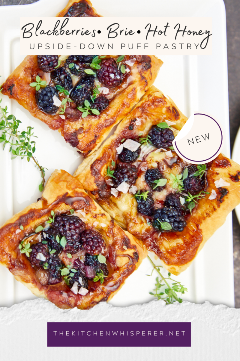 Blackberries nestled in hot honey then topped with shallots, balsamic glaze, brie, and puff pastry baked up to caramelized perfection. Taking the viral upside-down puff pastry trend to an amazing & delicious level! Upside Down Pastry With Brie, Berries, & Hot Honey Squares, viral upside down puff pastry, easy puff pastry, savory desserts, fig glaze, hot honey puff pastry