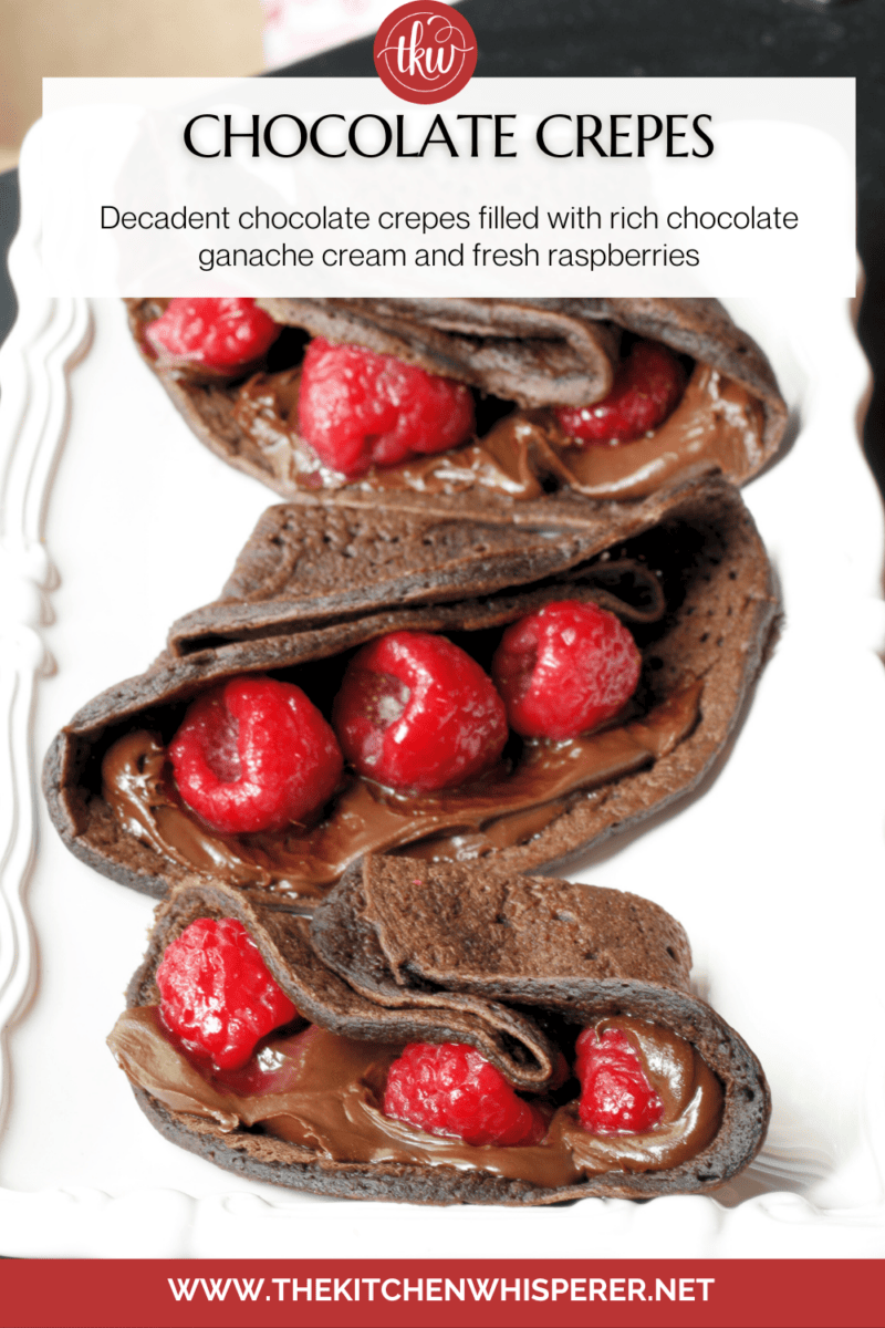 Decadent chocolate crepes filled with rich chocolate ganache cream and fresh raspberries.