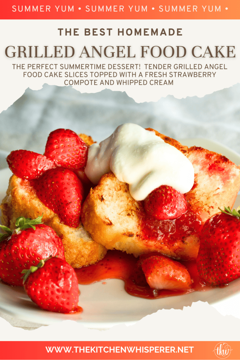 the perfect summertime dessert! Tender grilled angel food cake slices topped with a fresh strawberry compote and whipped cream