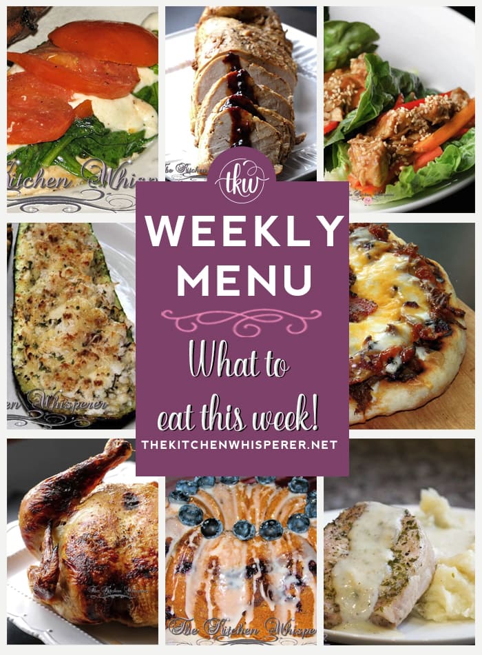 These Weekly Menu recipes allow you to get out of that same ol’ recipe rut and try some delicious and easy dishes! This week I highly recommend making Boneless Thick-Cut Pork Chops with Oniony Mashed Potatoes and Pork Gravy, Thai Chicken Lettuce Wraps, and Hot Damn Sriracha Honey Butter Roasted Chicken. Weekly Menu, Weekly Menu -7 Amazing Dinners Plus Dessert, slow cooker dinner, cinco de mayo, salsa, salsa fresca, pork loin, easy dinners, meal prep recipes