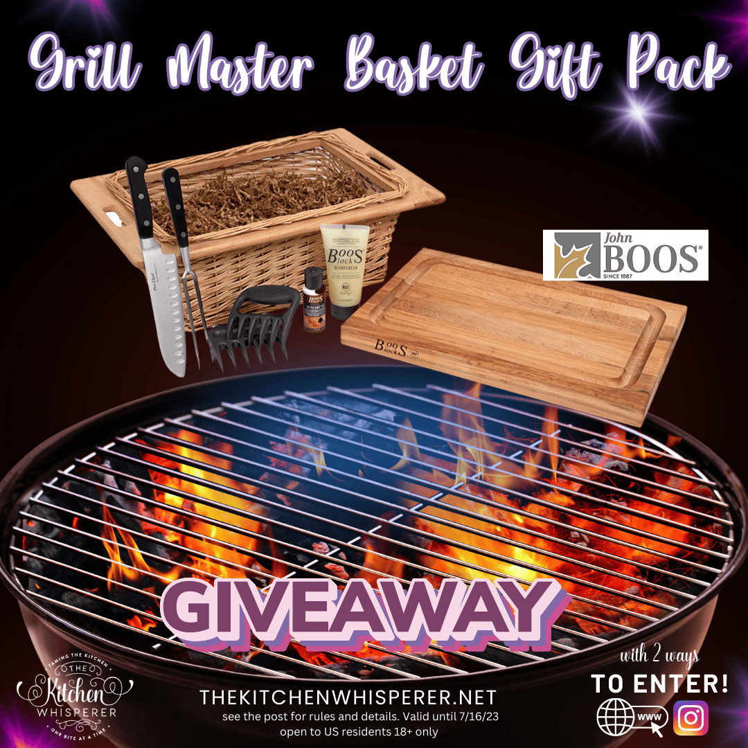 This stunningly beautiful gift basket is perfect for you or the grill master in your life. This contains a beautiful maple cutting board with juice grooves and the perfect wicker basket full of amazing goodies! Ultimate Grill Master Gift Pack Giveaway with John Boos®, boos block, Boos Block Maple Cutting Board w/Juice Groove, giveaway, boos block mystery oil, board cream, cutting board maintenance, meat claws, wicker basket, bbq prize back, pit master, bbq must have