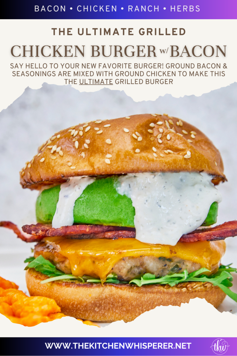 Say hello to your new favorite burger! Ground bacon & seasonings are mixed with ground chicken to make this the ultimate grilled burger! Top with melted cheese, arugula, crispy bacon, and parmesan ranch for absolute deliciousness! Ultimate Ground Chicken Bacon Ranch Burger, crack chicken burger, ground bacon burger, ranch chicken burgers, ultimate chicken burger, best chicken burger