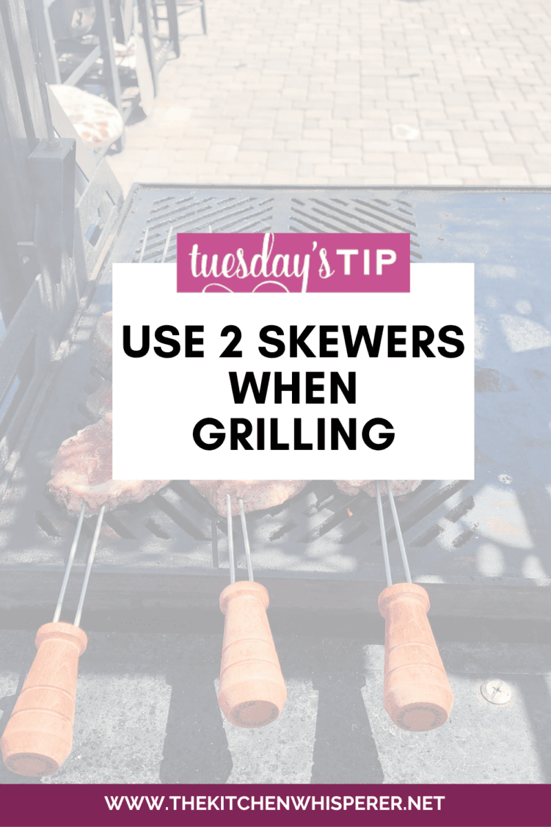 Use 2 skewers or a skewer with 2 rods to help prevent your meats and veggies from rolling around on the rod while trying to grill!