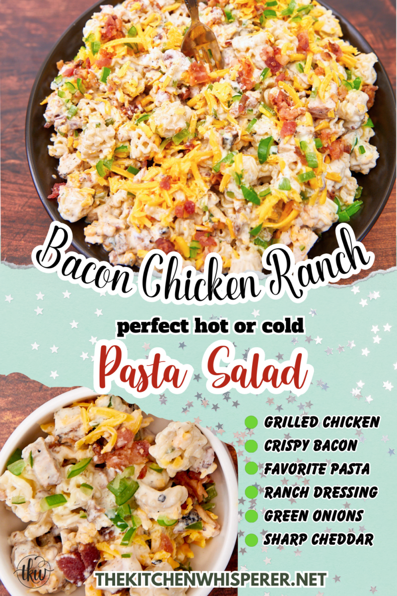 Transform chicken, crispy bacon, cheddar cheese, and cooked pasta coated in a homemade ranch dressing into the most amazing pasta salad! Ultimate Bacon Chicken Ranch Pasta Salad easy pasta salad, rotisserie chicken salad, bbq chicken pasta salad, cookout foods, leftover salads, hot and cold salads