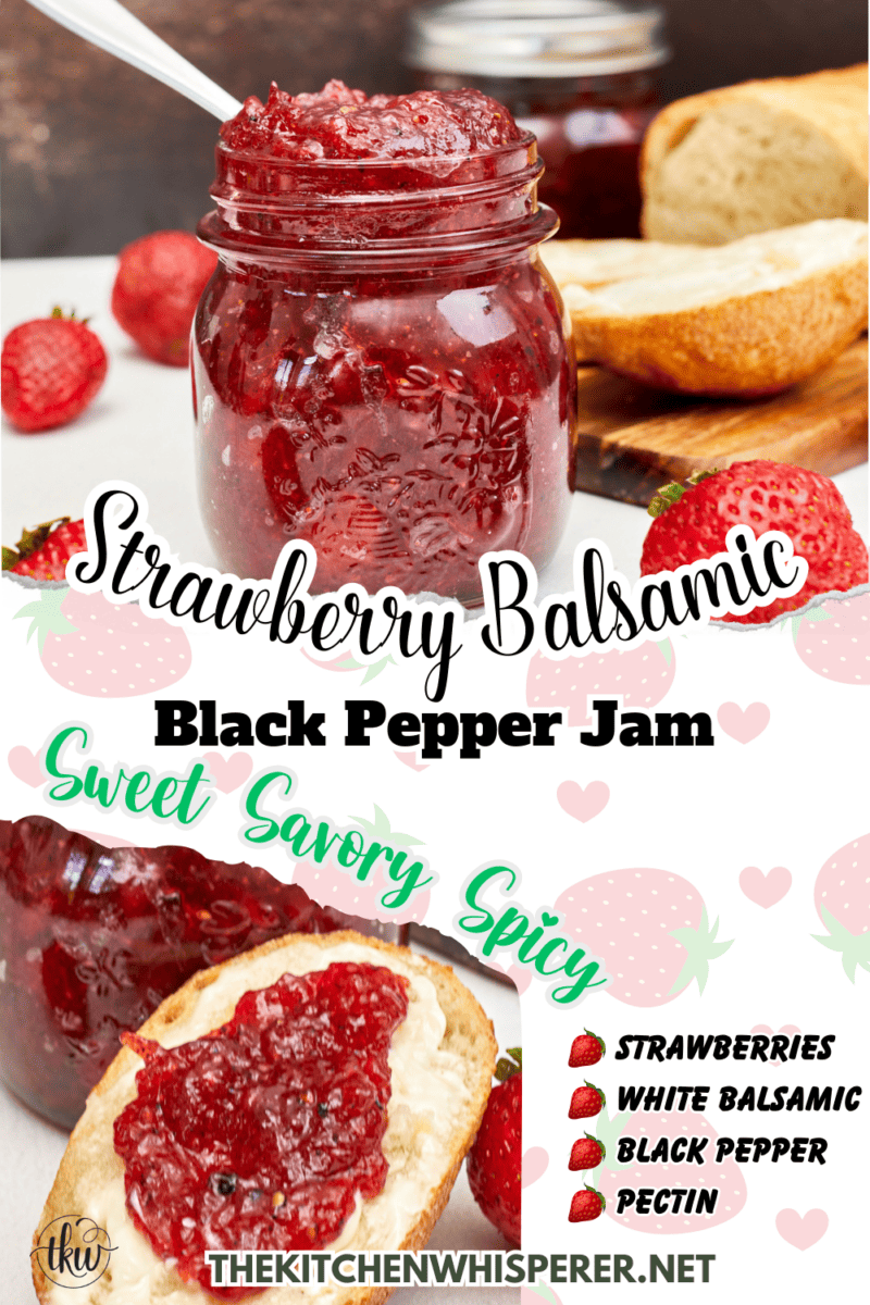 Sweet strawberries, acidic white balsamic vinegar, & spicy black pepper make this one of the most amazing jams you'll ever eat! From grazing boards to baked brie, atop grilled steak, or on a turkey sandwich, this jam will quickly become your favorite! Ultimate Strawberry Black Pepper Balsamic Jam, savory jam, homemade jam, strawberry jam with pectin, small batch strawberry jam. goat cheese jam, sandwich spread, savory jelly, pepper jelly, spicy pepper jelly, spicy pepper jam, strawberry chutney
