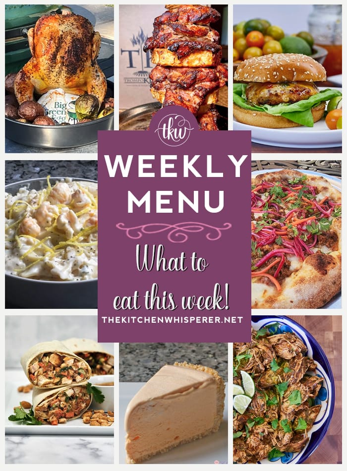 These Weekly Menu recipes allow you to get out of that same ol’ recipe rut and try some delicious and easy dishes! This week, I highly recommend making my Crunchy Thai Chicken Salad Wraps, Grilled Chicken al Pastor on the Big Green Egg, and Korean-Style Crispy Shrimp Burgers. weekly menu, Weekly Menu -7 Amazing Dinners Plus Dessert, ice box pie, orange sherbet pie, al pastor chicken, grilled chicken, beer can chicken, al pastor pizza, elote