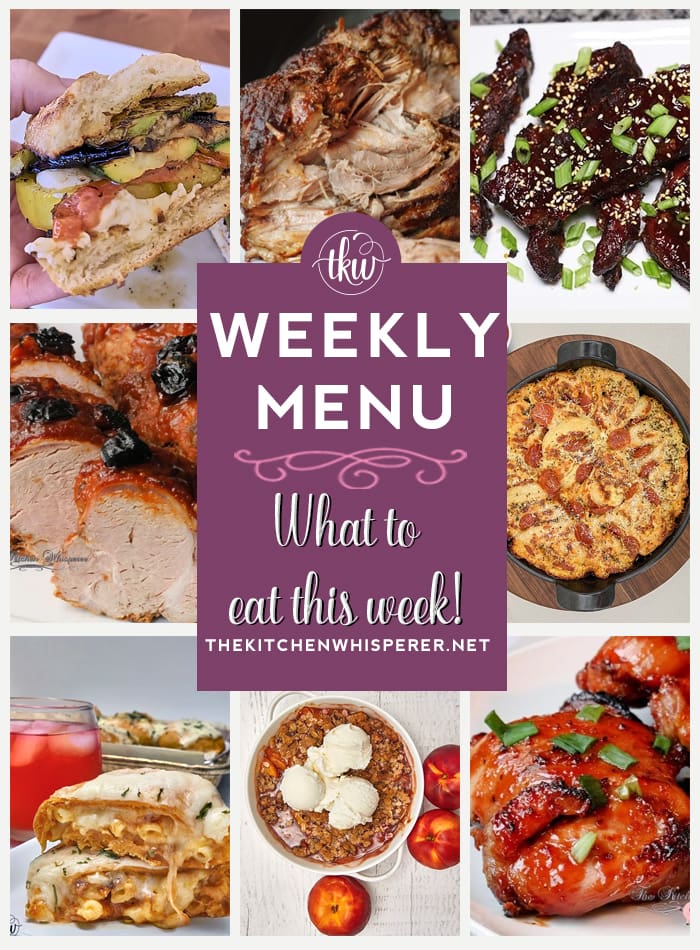 These Weekly Menu recipes allow you to get out of that same ol’ recipe rut and try some delicious and easy dishes! This week, I highly recommend making my Cherry Chipotle Cola Pork Tenderloin, Best Ever Pulled Pork Stuffed Mac & Cheese Pizza Puffs, and Asian Sticky Ginger Chicken Thighs. Weekly Menu -7 Amazing Dinners Plus Dessert, veggie sandwich, fruit crisp, short ribs, pork tenderloin recipes, grilled pizza, instant pot chicken