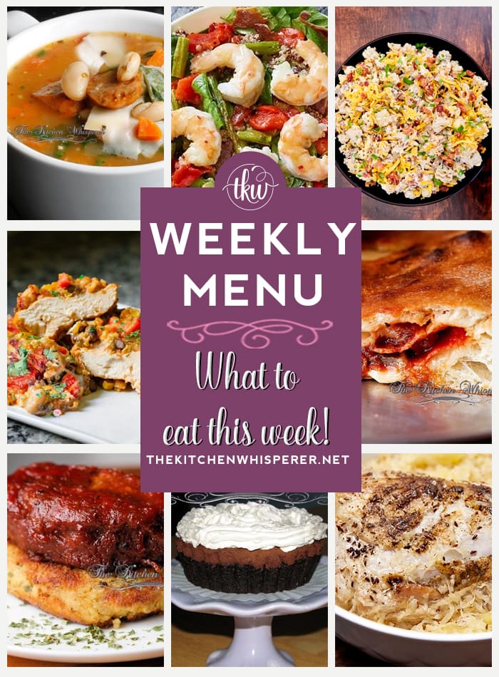 These Weekly Menu recipes allow you to get out of that same ol’ recipe rut and try some delicious and easy dishes! This week, I highly recommend making my Best Ever Pork Roast and Sauerkraut, Pepperoni Calzones, and Bacon Chicken Ranch Pasta Salad, weekly menu, pasta salad, pork & sauerkraut, calzone, penne pasta dinner, french silk tart, baked pasta, bacon vinaigrette