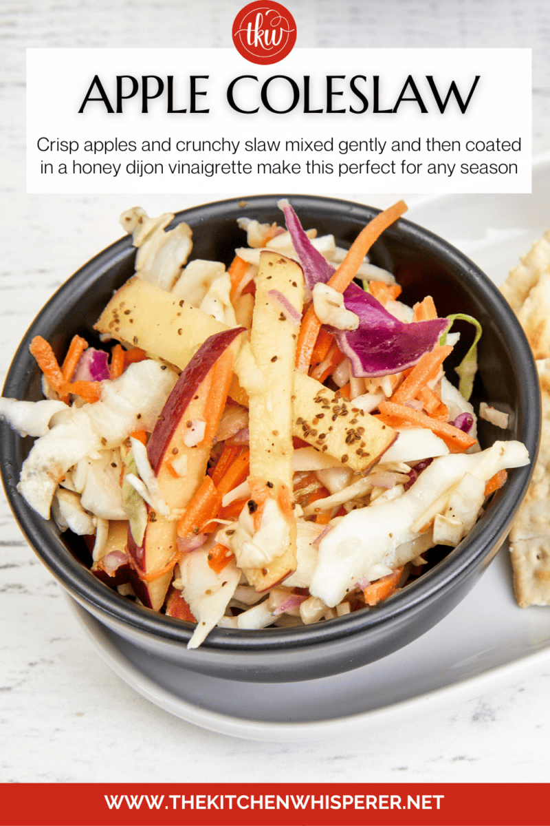 Crisp apples and crunchy slaw mixed gently and then coated in a honey dijon vinaigrette make this perfect for any season. Fall Apple Coleslaw With A Honey Dijon Vinaigrette, no may coleslaw, football foods, pulled pork, pulled chicken, sandwiches, tailgate food, gluten free recipes, cabbage slaw, apple salad, cabbage salad