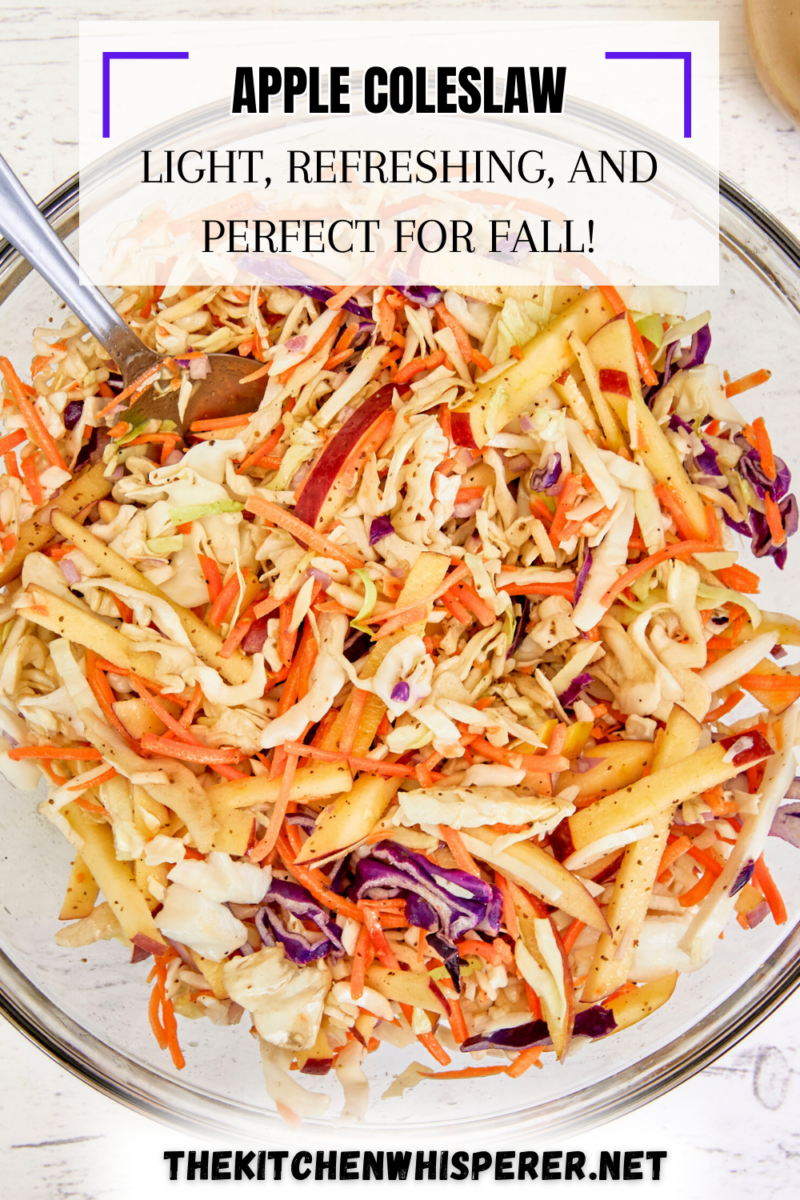 Crisp apples and crunchy slaw mixed gently and then coated in a honey dijon vinaigrette make this perfect for any season. Fall Apple Coleslaw With A Honey Dijon Vinaigrette, no may coleslaw, football foods, pulled pork, pulled chicken, sandwiches, tailgate food, gluten free recipes, cabbage slaw, apple salad, cabbage salad