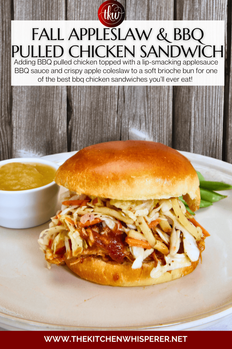 Adding BBQ pulled chicken topped with a lip-smacking applesauce BBQ sauce and crispy apple coleslaw to a soft brioche bun for one of the most amazing BBQ chicken sandwiches you’ll ever eat! The Most Amazing Pulled Chicken Sandwich with Crisp Apple Coleslaw, applesauce bbq sauce, apple coleslaw, appleslaw, apple bbq sauce, apple sauce bbq sauce, football food, tailgating, shredded chicken, bbq pulled chicken