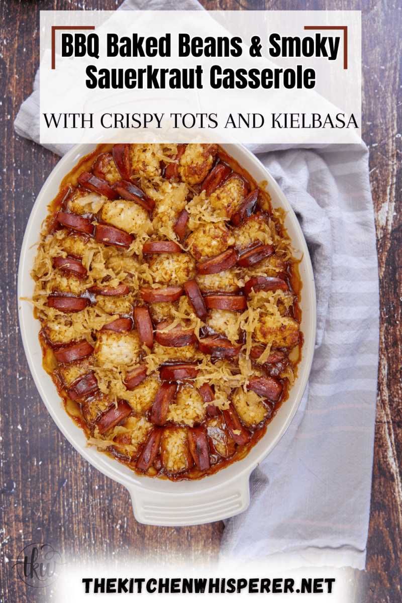 Pairing Sweet BBQ Baked Beans with Sweet & Smoky BBQ Sauerkraut, topping it with potato tots and kielbasa for The perfect game-day or weeknight casserole! The Ultimate Fall & Football Casserole, The Ultimate Fall & Football Casserole with Baked Beans, Sweet & Smoky Sauerkraut, Crispy Tots and Kielbasa, comfort food, weeknight casserole, football foods, kielbasa and sauerkraut, bbq baked beans, tailgating food, homegating recipes, tailgating recipes, one pan meals