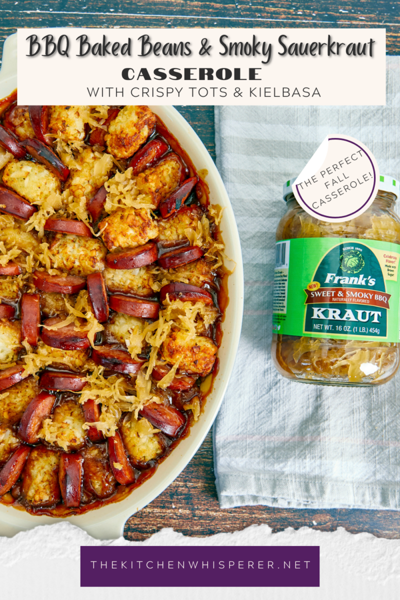 Pairing Sweet BBQ Baked Beans with Sweet & Smoky BBQ Sauerkraut, topping it with potato tots and kielbasa for The perfect game-day or weeknight casserole! The Ultimate Fall & Football Casserole, The Ultimate Fall & Football Casserole with Baked Beans, Sweet & Smoky Sauerkraut, Crispy Tots and Kielbasa, comfort food, weeknight casserole, football foods, kielbasa and sauerkraut, bbq baked beans, tailgating food, homegating recipes, tailgating recipes, one pan meals