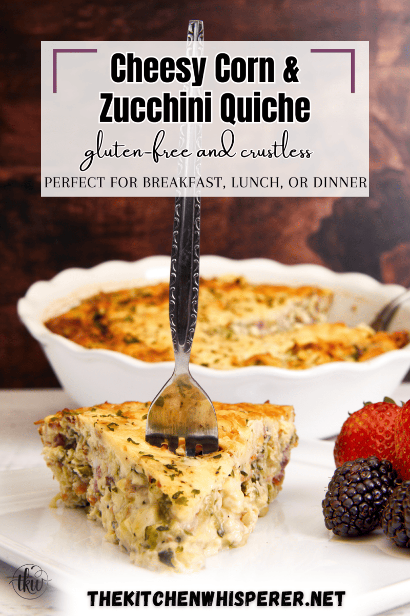 This fresh corn and zucchini crustless quiche explodes with the amazing flavors of smoked gouda, rich cream, carrots, and crispy bacon. Easy Cheesy Summer Sweet Corn & Zucchini Quiche, crustless quiche, smoked gouda quiche, breakfast egg tart, corn and zucchini tart, gluten-free quiche, keto-friendly quiche, brunch recipes, easy breakfast recipes, savory breakfast