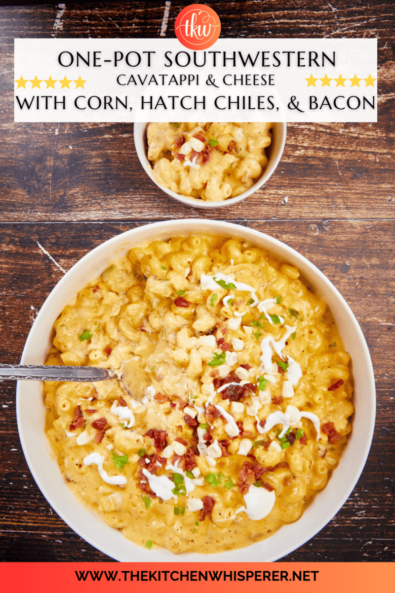 The perfect one-pot pasta & cheese dish! Cavatappi noodles coated in a delicious spicy southwestern cheese sauce with bits of corn, bacon, and hatch chiles! Easy, cheesy, and there's no draining required! Ultimate One-Pot Spicy Southwestern Cheesy Pasta, mac 'n cheese, one pot mac & cheese, cavatappi and cheese, bacon mac & cheese, southwestern mac and cheese, one pan recipe