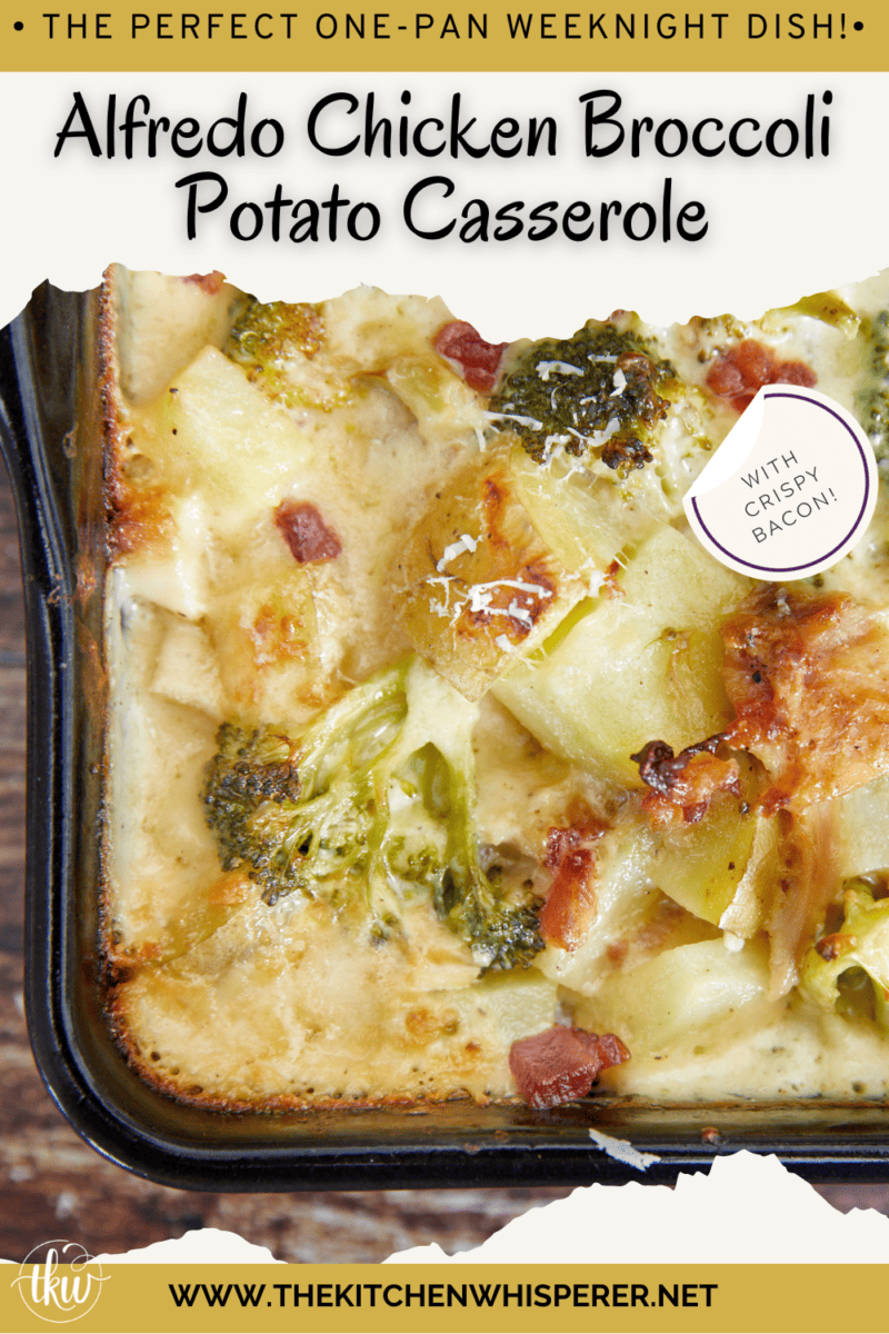 This has to be one of THE BEST one-pan recipes! Tender potatoes, broccoli, roasted chicken, and crispy bacon smothered in a cheesy Parmesan Alfredo sauce! Smothered Alfredo Chicken Casserole With Potatoes Bacon And Broccoli, smothered chicken, chicken casserole, one pan dinner, leftover chicken recipes, parmesan alfredo cheese sauce, comfort foods