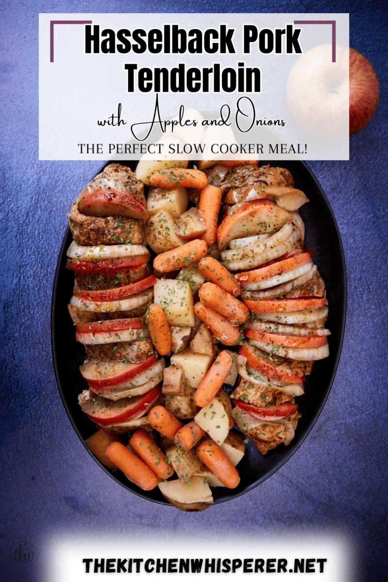 The perfect fall family meal is here! Hasselback BBQ-spiced pork tenderloin stuffed with apples and onions then slow-cooked to perfection! Ultimate Slow Cooker Hasselback Apples & Onions Pork Tenderloin, crock pot pork tenderloin, harvest pork tenderloin, stuffed pork tenderloin, one-pan pork tenderloin, comfort foods, accordian pork tenderloin