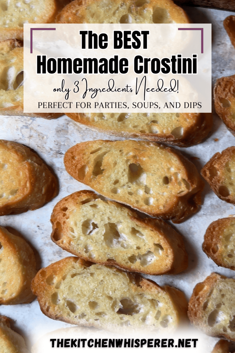 Making crostini from scratch is super easy and is so inexpensive. Stop buying premade stuff and start making it homemade! It's the perfect appetizer base and soup dipper! The Best & Easiest Homemade Crostini, appetizer toast, easy toast, french baguettes, crunchy bread, crispy bread